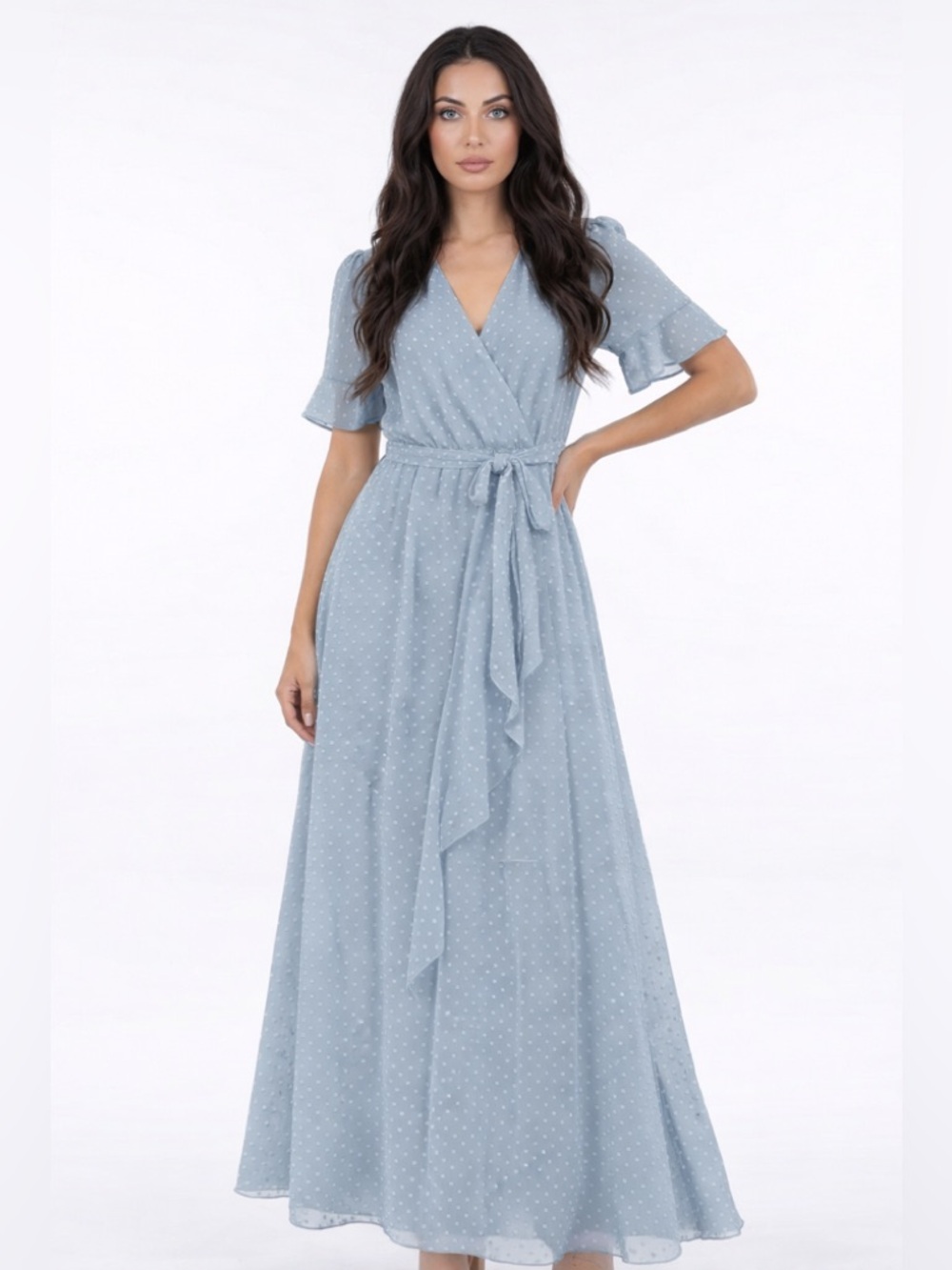 Light Blue Polka Dot Wrap Maxi Dress with Tie Waist